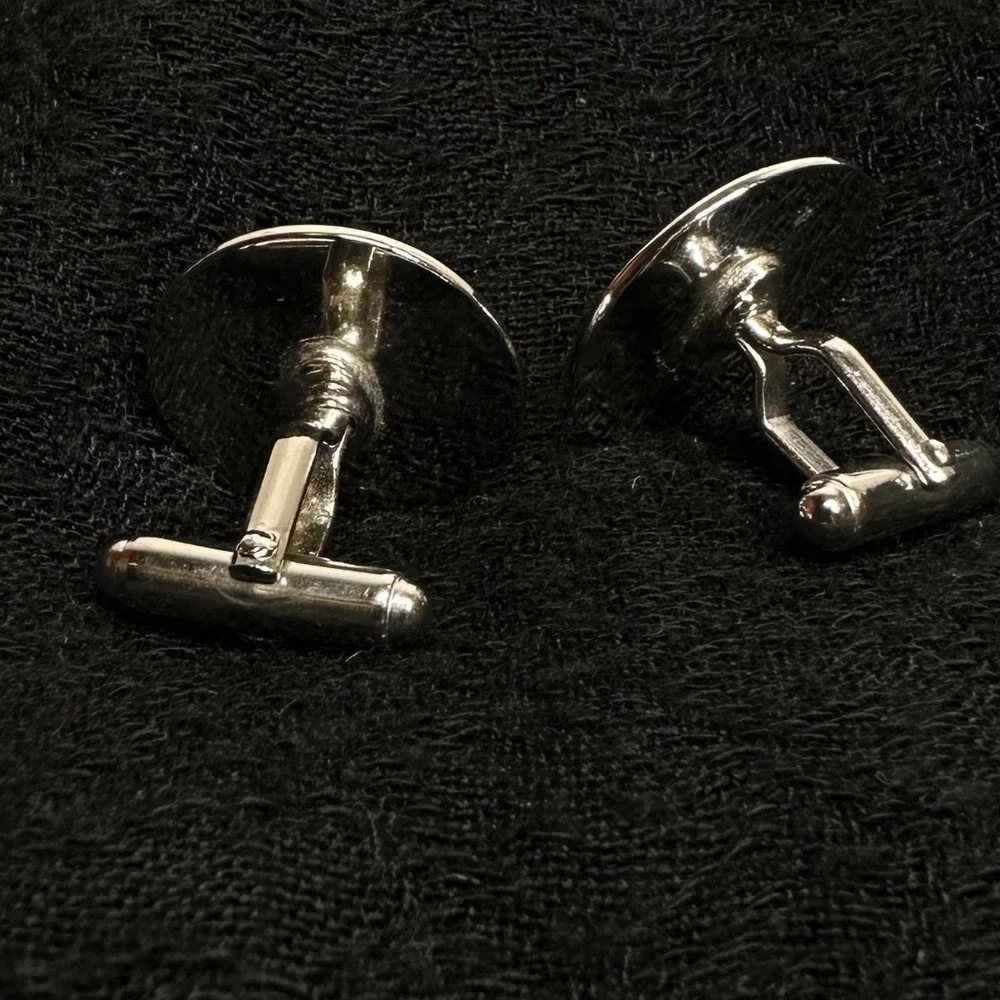 Vintage‎ Round Silver Tone Cufflinks Brushed Finish Rhinestone Accent